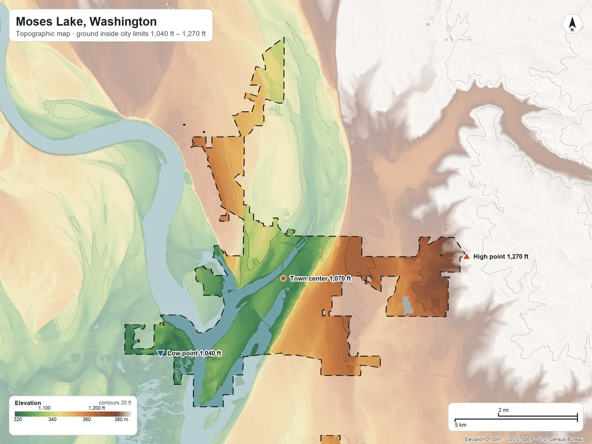 Topographic elevation map of Moses Lake, Washington, shaded from 1,040 ft on the southwest side to 1,270 ft on the east side