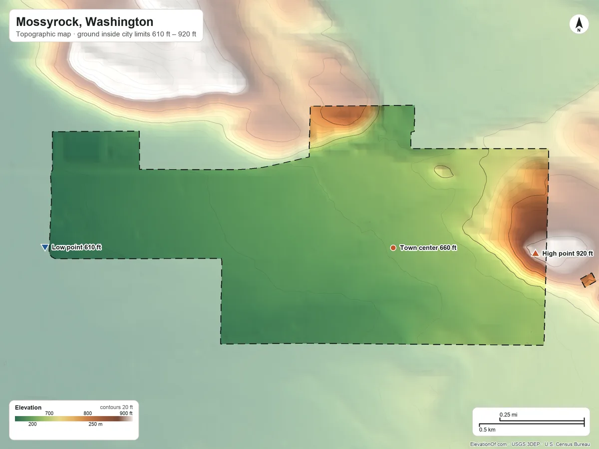 Topographic elevation map of Mossyrock, Washington, shaded from 610 ft on the west side to 920 ft on the east edge, below higher ground just outside