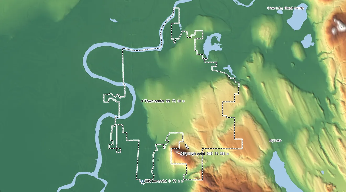 Topographic elevation map of Mount Vernon, Washington, shaded from 8 ft on the south side to 940 ft on Little Mountain