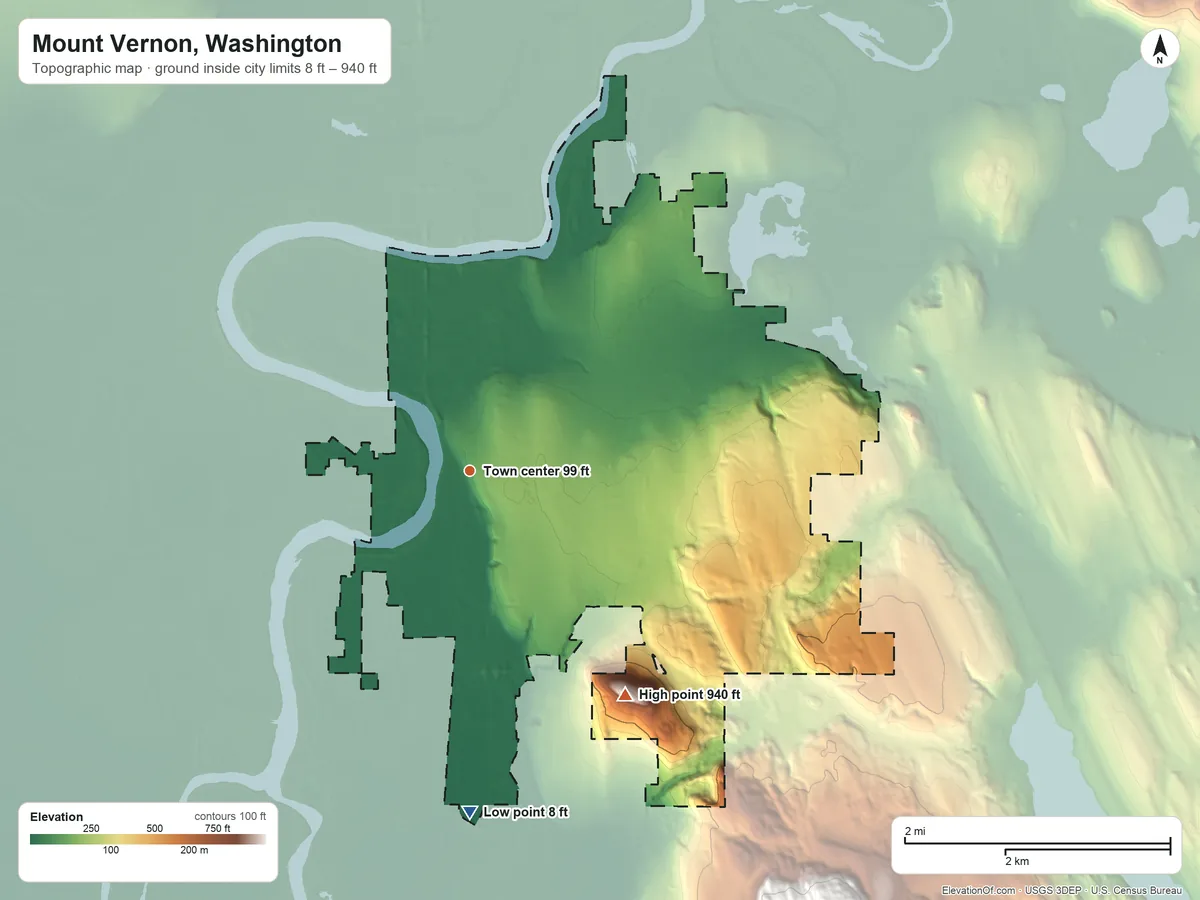 Topographic elevation map of Mount Vernon, Washington, shaded from 8 ft on the south side to 940 ft on Little Mountain