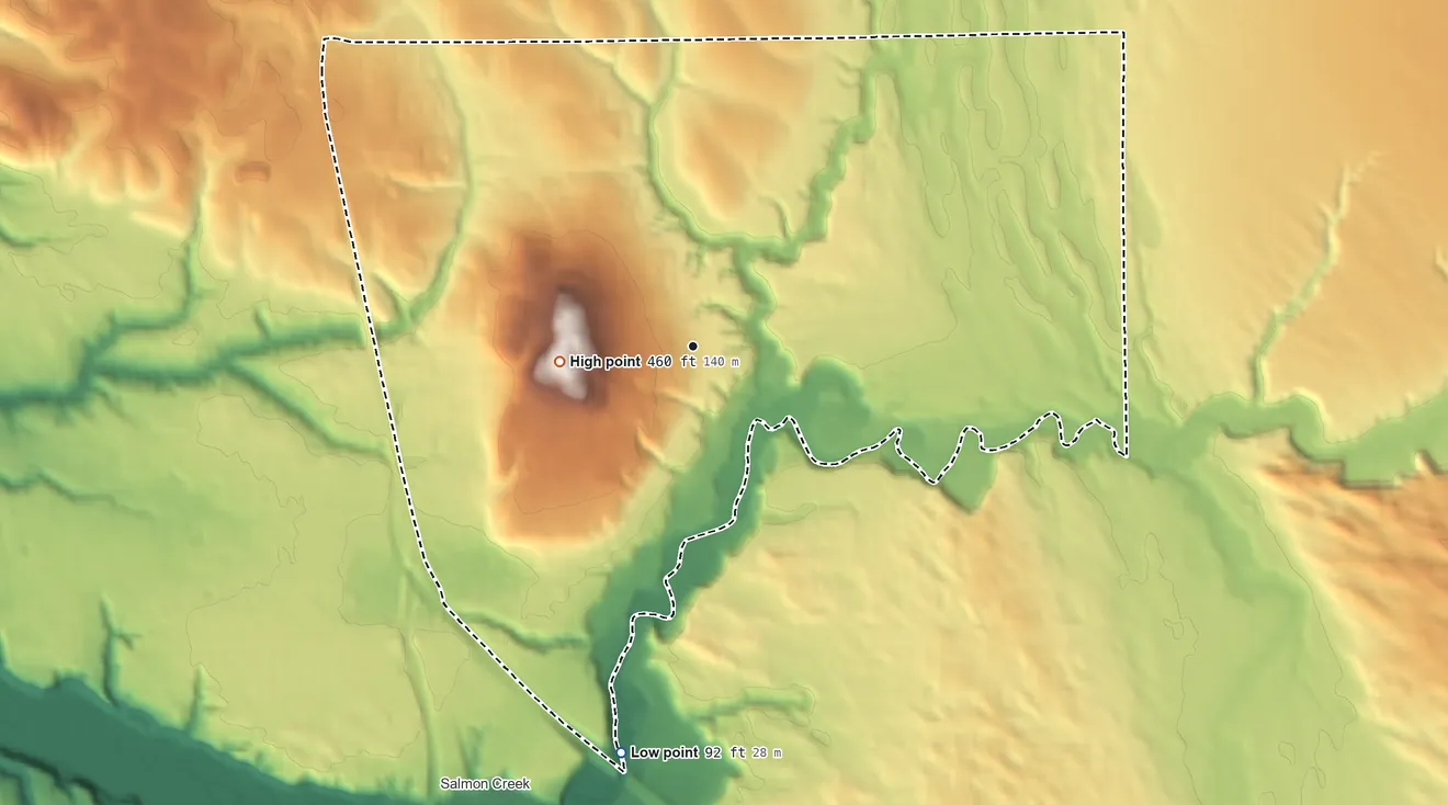 Topographic elevation map of Mount Vista, Washington, shaded from 92 ft on the south side to 460 ft on the west side