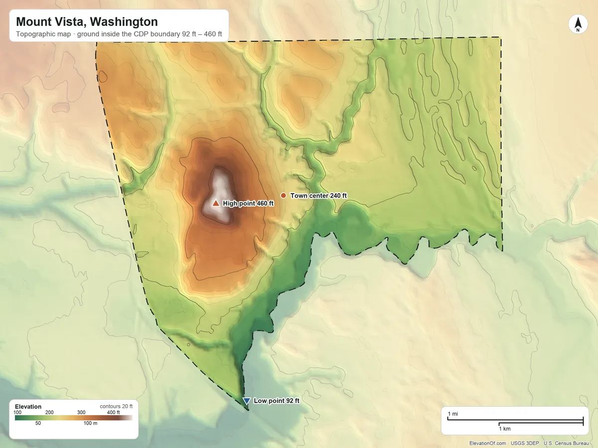 Topographic elevation map of Mount Vista, Washington, shaded from 92 ft on the south side to 460 ft on the west side