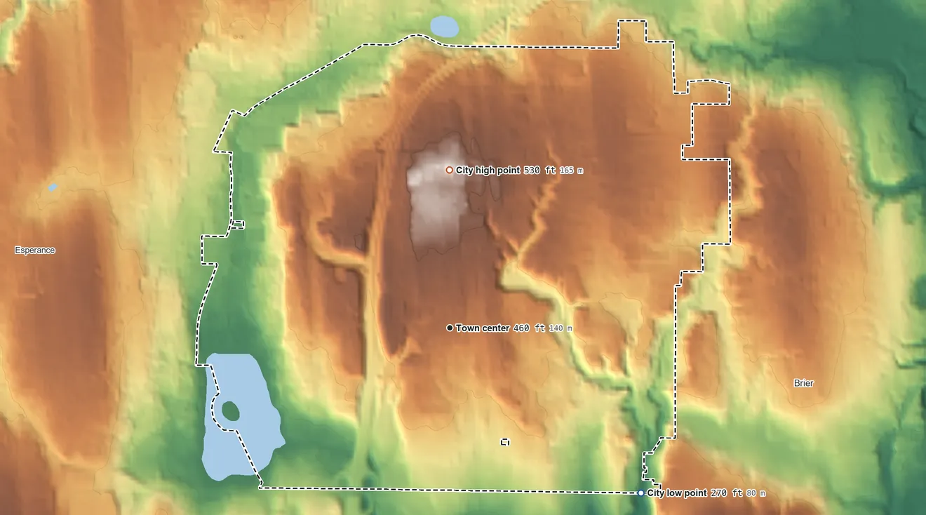 Topographic elevation map of Mountlake Terrace, Washington, shaded from 270 ft on the southeast side to 530 ft on the north side