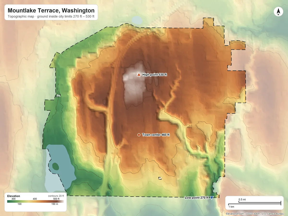 Topographic elevation map of Mountlake Terrace, Washington, shaded from 270 ft on the southeast side to 530 ft on the north side