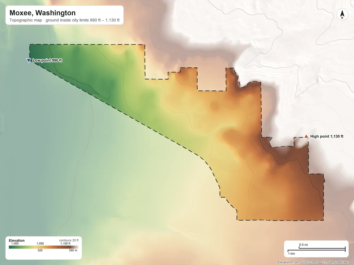Topographic elevation map of Moxee, Washington, shaded from 990 ft on the northwest side to 1,130 ft at the foot of the Rattlesnake Hills