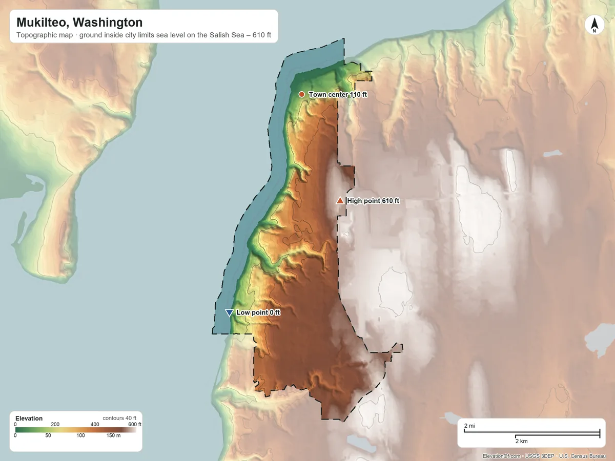 Topographic elevation map of Mukilteo, Washington, shaded from sea level level on the Salish Sea to 610 ft on the south side