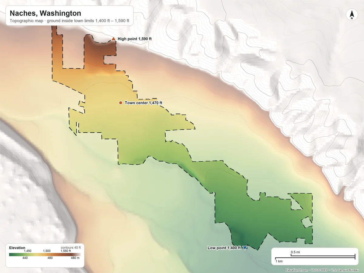 Topographic elevation map of Naches, Washington, shaded from 1,400 ft on the southeast side to 1,590 ft on the north edge, below higher ground just outside