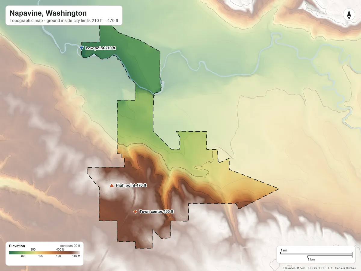 Topographic elevation map of Napavine, Washington, shaded from 210 ft on the north side to 470 ft on the northwest side