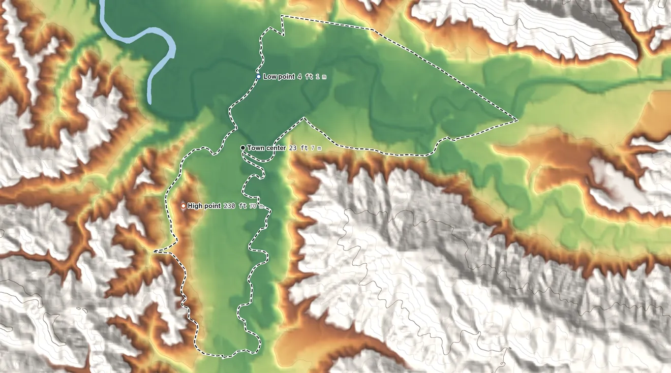 Topographic elevation map of Naselle, Washington, shaded from 4 ft on the north side to 230 ft on the southwest edge, below higher ground just outside