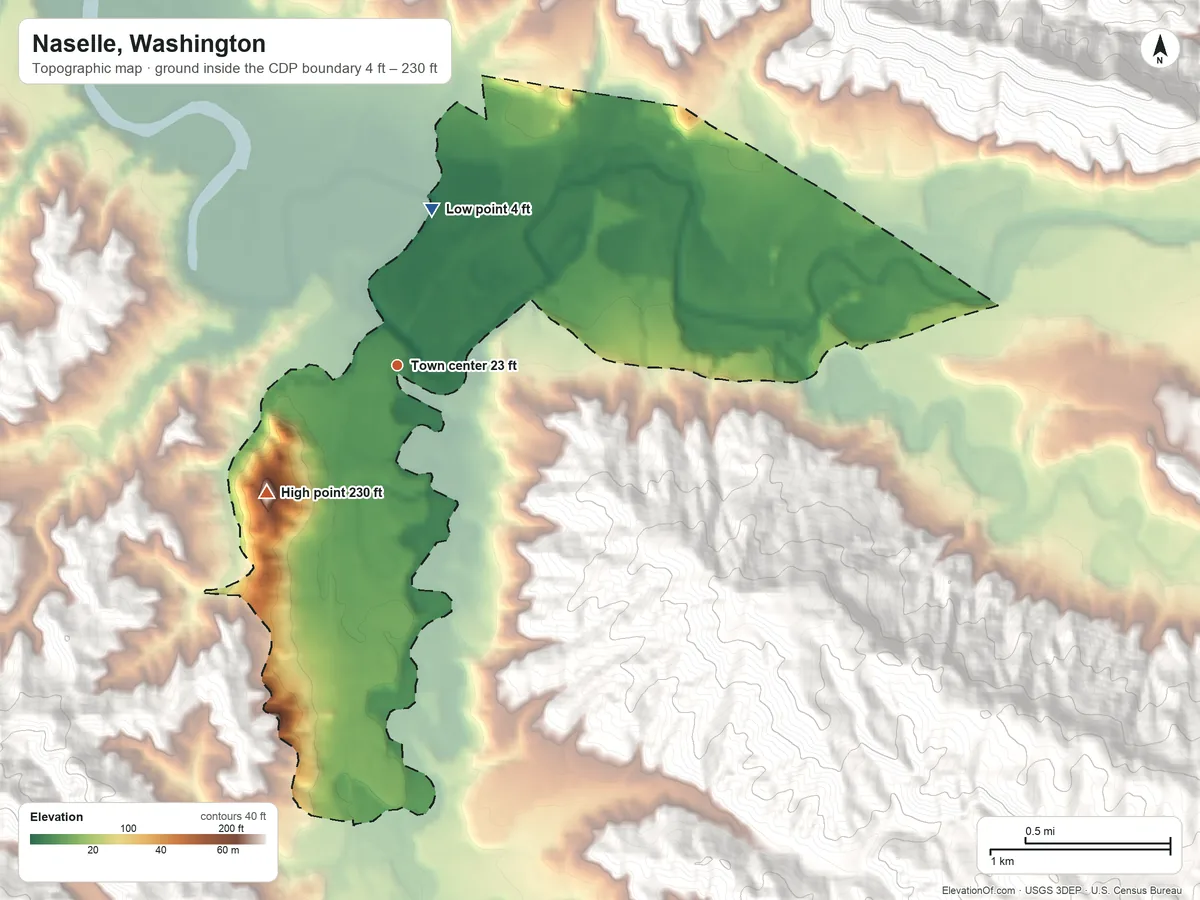 Topographic elevation map of Naselle, Washington, shaded from 4 ft on the north side to 230 ft on the southwest edge, below higher ground just outside