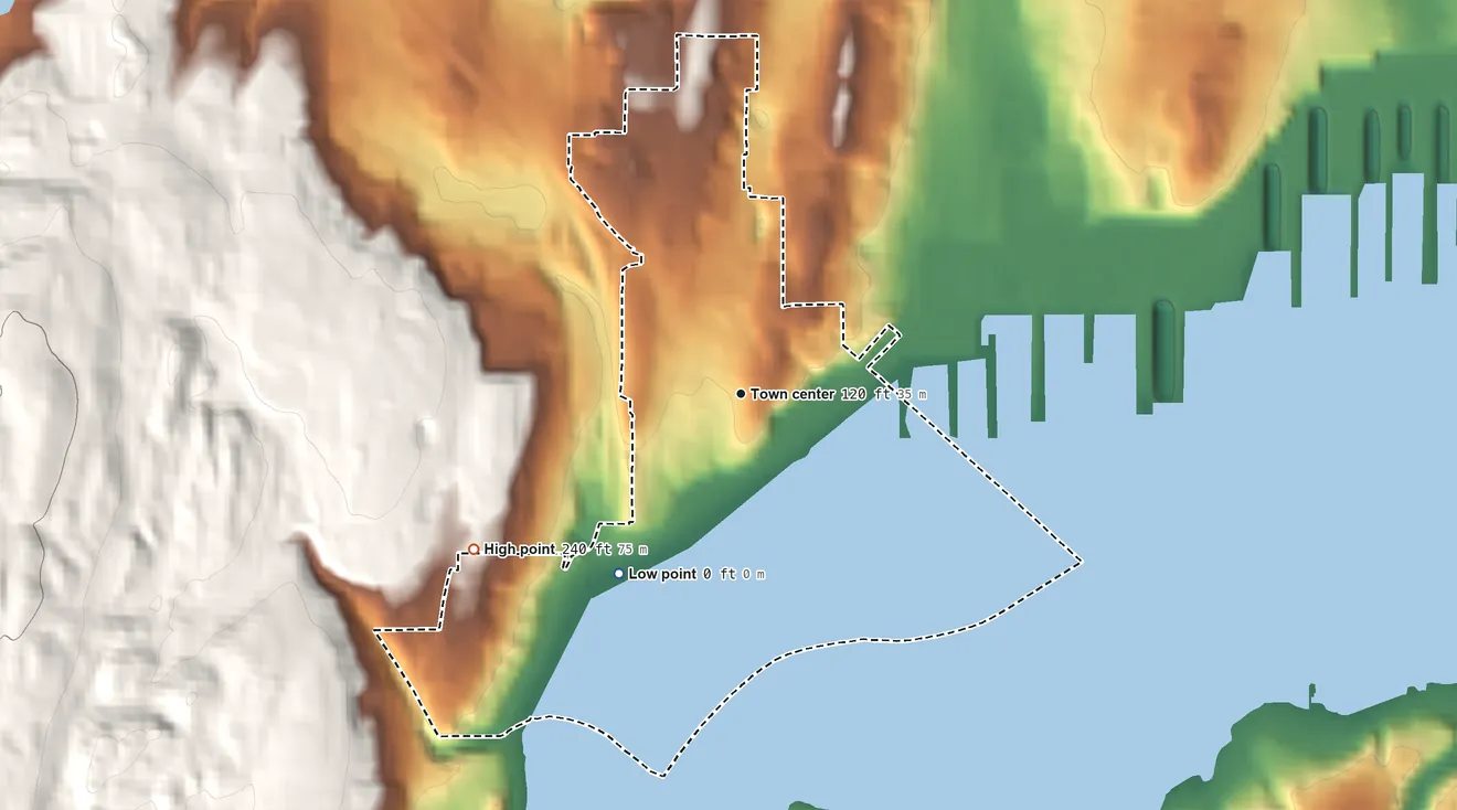 Topographic elevation map of Navy Yard City, Washington, shaded from sea level level on Sinclair Inlet to 240 ft on the southwest edge, below higher ground just outside