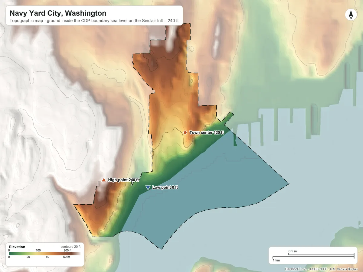 Topographic elevation map of Navy Yard City, Washington, shaded from sea level level on Sinclair Inlet to 240 ft on the southwest edge, below higher ground just outside