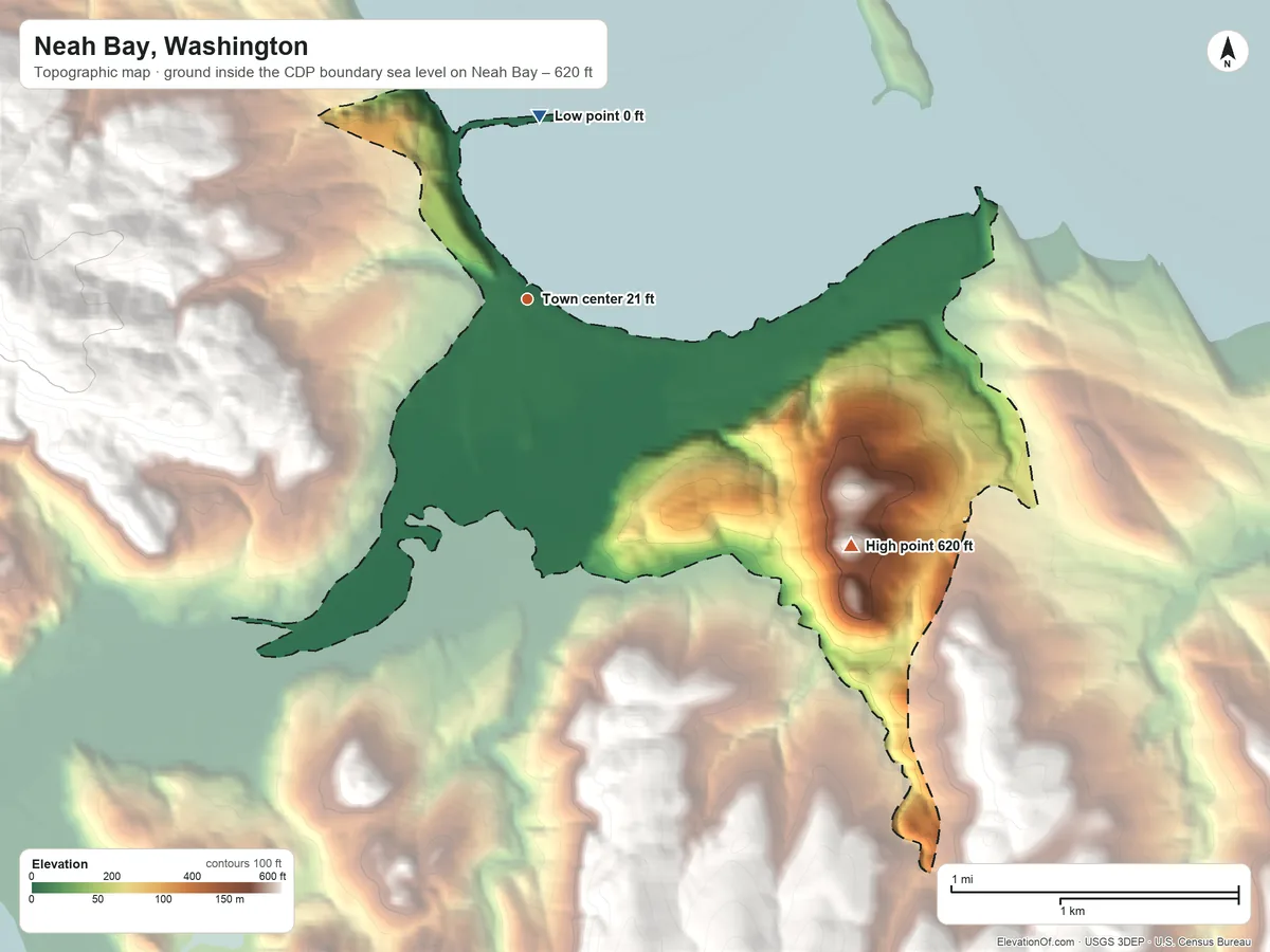 Topographic elevation map of Neah Bay, Washington, shaded from sea level level on Neah Bay to 620 ft on the southeast edge, below higher ground just outside