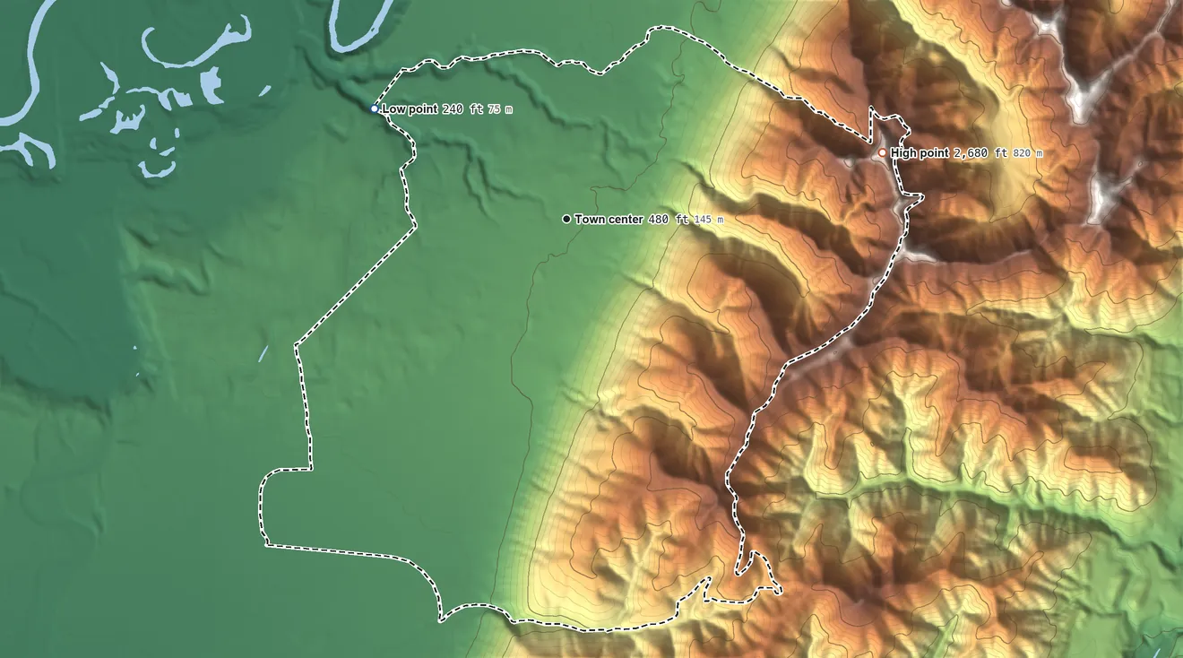 Topographic elevation map of Neilton, Washington, shaded from 240 ft on the northwest side to 2,680 ft on the east side