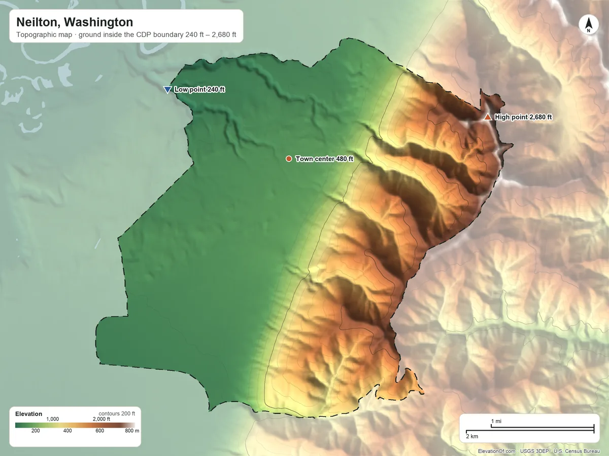 Topographic elevation map of Neilton, Washington, shaded from 240 ft on the northwest side to 2,680 ft on the east side