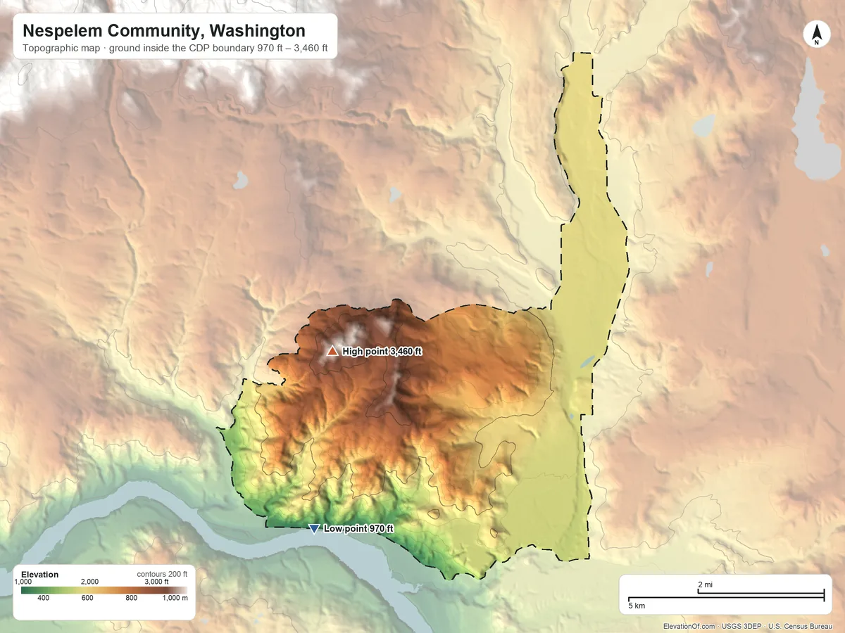 Topographic elevation map of Nespelem Community, Washington, shaded from 970 ft on the southwest side to 3,460 ft on Condon Mountain