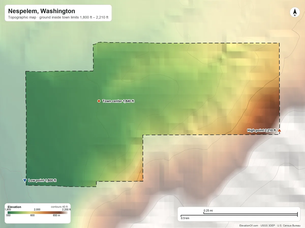 Topographic elevation map of Nespelem, Washington, shaded from 1,800 ft on the southwest side to 2,210 ft on the east edge, below higher ground just outside