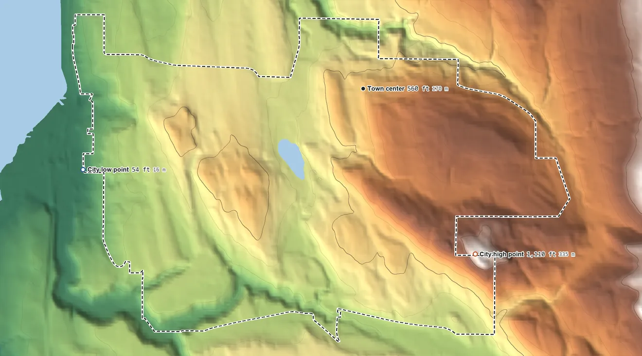 Topographic elevation map of Newcastle, Washington, shaded from 54 ft on the west side to 1,110 ft on Newcastle Hills
