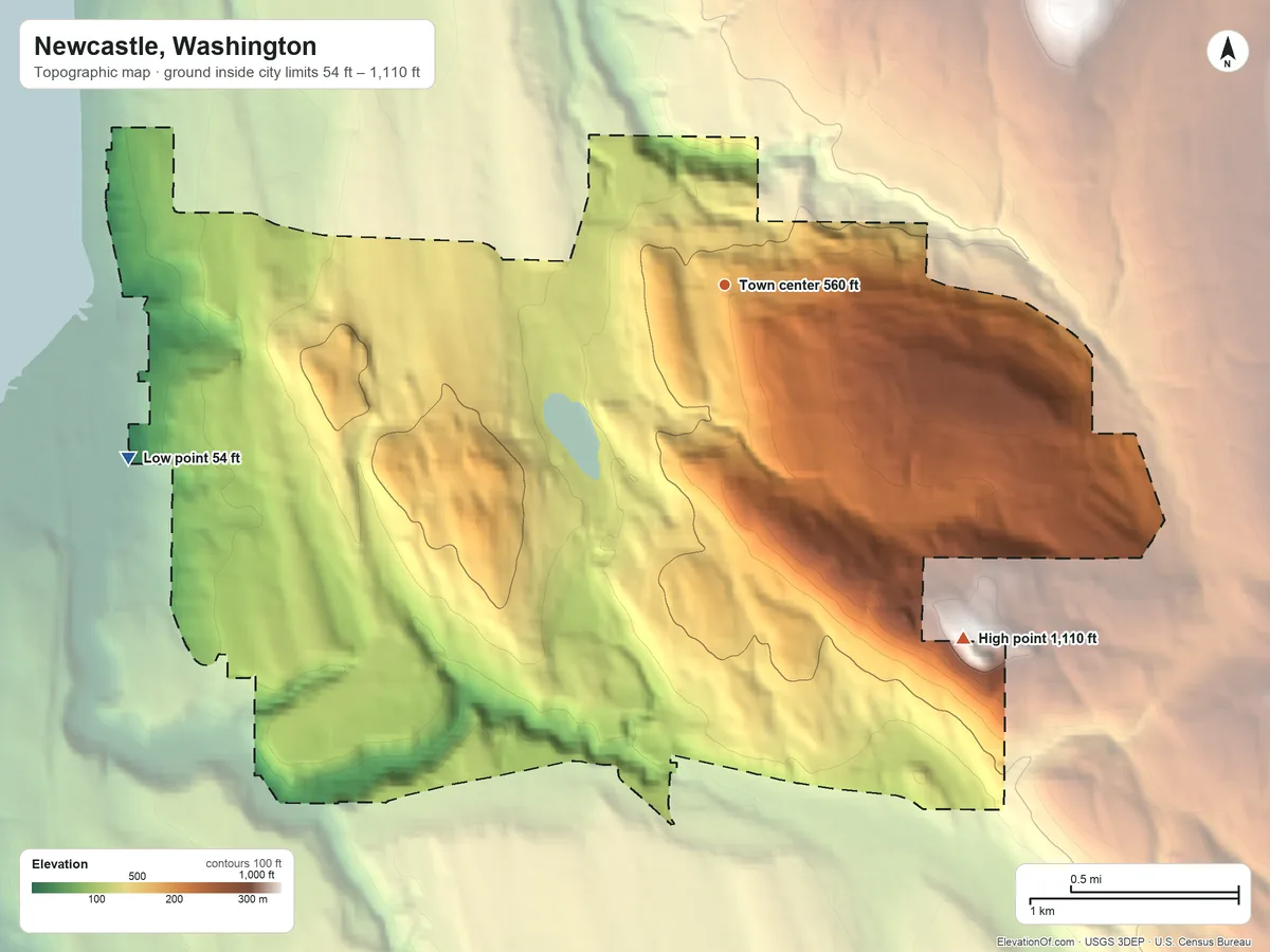Topographic elevation map of Newcastle, Washington, shaded from 54 ft on the west side to 1,110 ft on Newcastle Hills