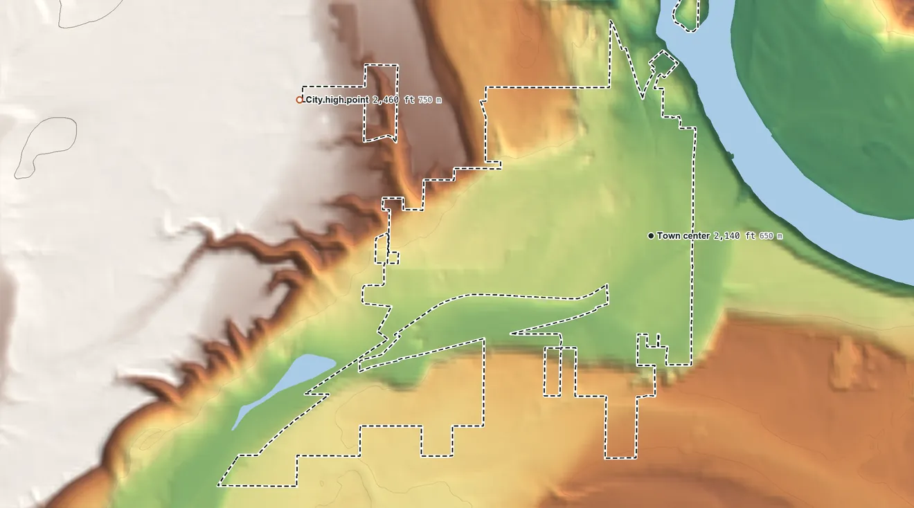 Topographic elevation map of Newport, Washington, shaded from 2,040 ft on the north side to 2,460 ft on the west edge, below higher ground just outside
