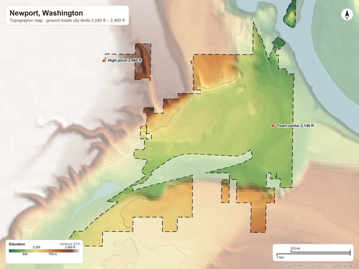 Topographic elevation map of Newport, Washington, shaded from 2,040 ft on the north side to 2,460 ft on the west edge, below higher ground just outside