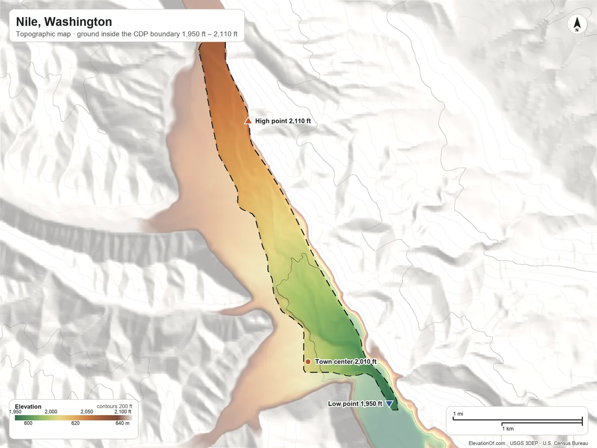 Topographic elevation map of Nile, Washington, shaded from 1,950 ft on the southeast side to 2,110 ft on the north edge, below higher ground just outside