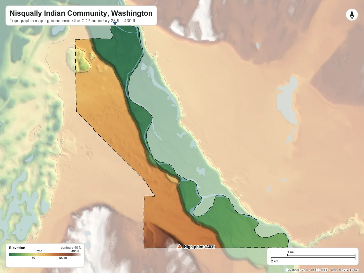 Topographic elevation map of Nisqually Indian Community, Washington, shaded from 28 ft on the north side to 430 ft on the southeast side