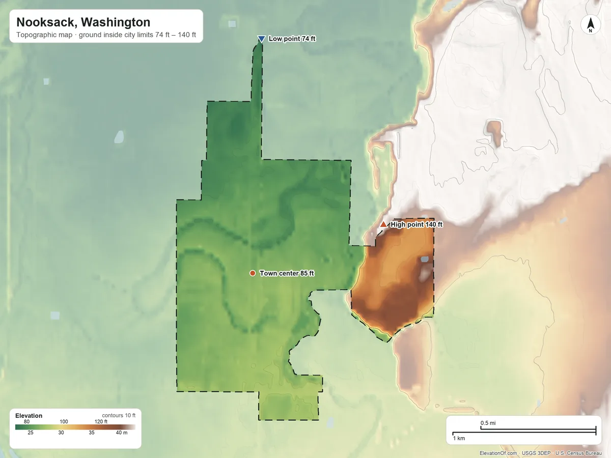Topographic elevation map of Nooksack, Washington, shaded from 74 ft on the north side to 140 ft on the east side