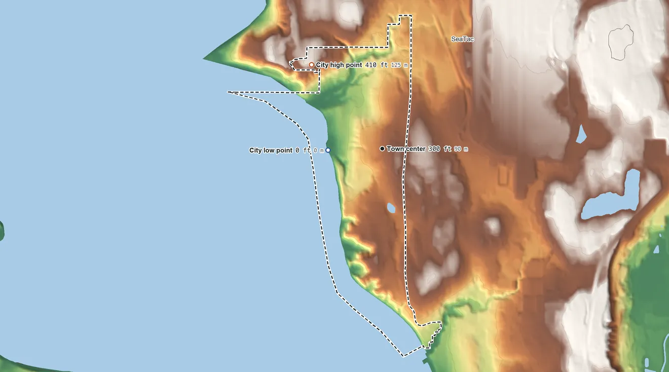 Topographic elevation map of Normandy Park, Washington, shaded from sea level level on Puget Sound to 410 ft on the northwest side