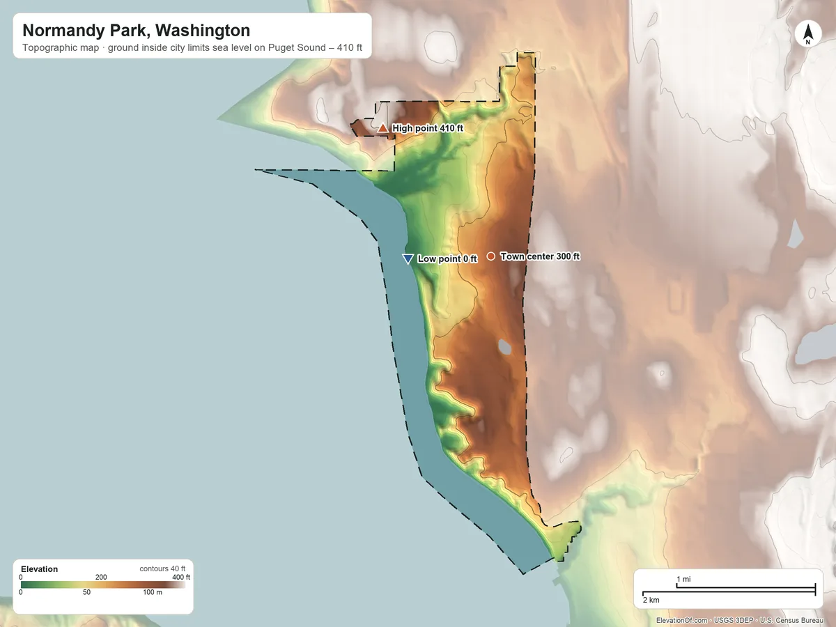 Topographic elevation map of Normandy Park, Washington, shaded from sea level level on Puget Sound to 410 ft on the northwest side