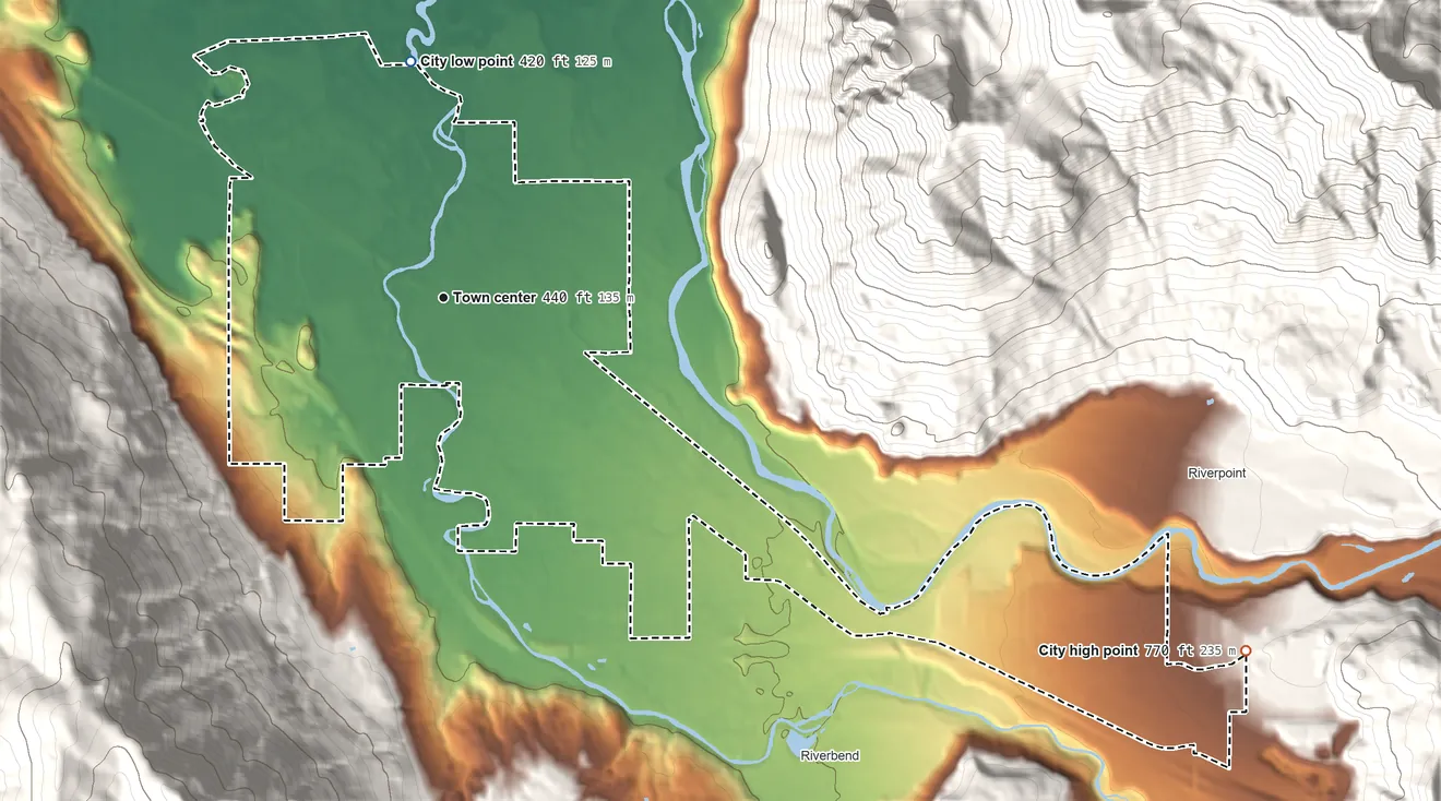 Topographic elevation map of North Bend, Washington, shaded from 420 ft on the north side to 770 ft on the southeast edge, below higher ground just outside