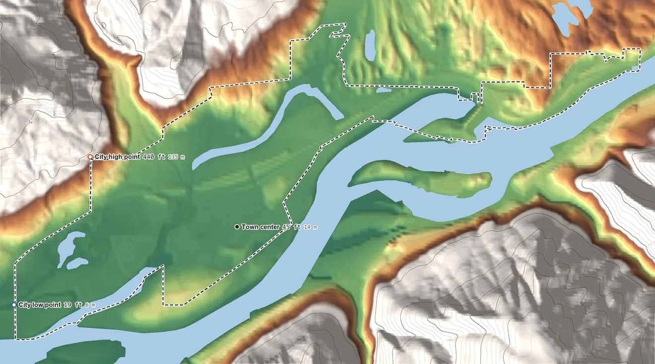 Topographic elevation map of North Bonneville, Washington, shaded from 19 ft on the west side to 440 ft on the northwest edge, below higher ground just outside