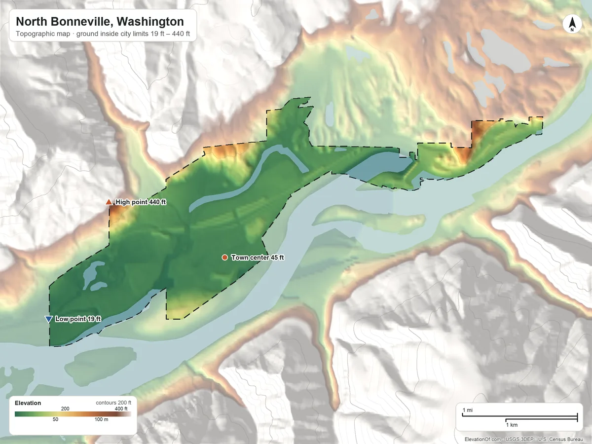 Topographic elevation map of North Bonneville, Washington, shaded from 19 ft on the west side to 440 ft on the northwest edge, below higher ground just outside