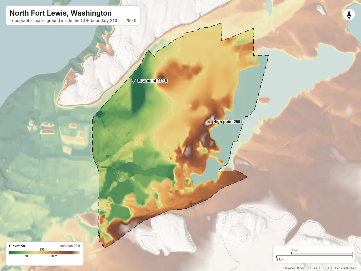 Topographic elevation map of North Fort Lewis, Washington, shaded from 210 ft on the northwest side to 290 ft near the middle