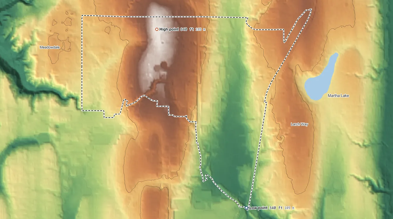 Topographic elevation map of North Lynnwood, Washington, shaded from 340 ft on the southeast side to 640 ft on the northwest side