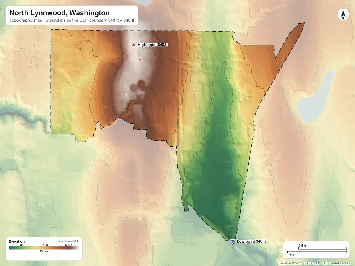 Topographic elevation map of North Lynnwood, Washington, shaded from 340 ft on the southeast side to 640 ft on the northwest side