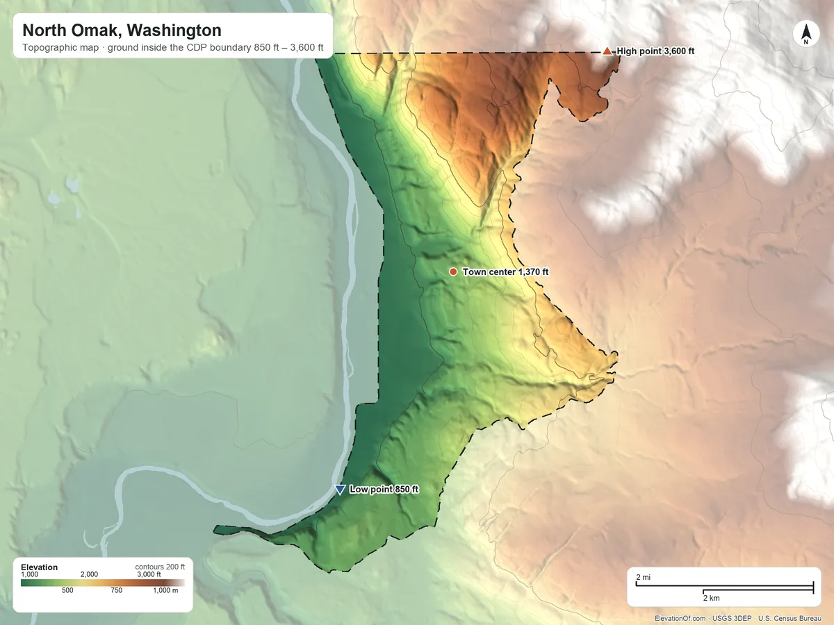 Topographic elevation map of North Omak, Washington, shaded from 850 ft on the southwest side to 3,600 ft at the foot of the Lime Belt