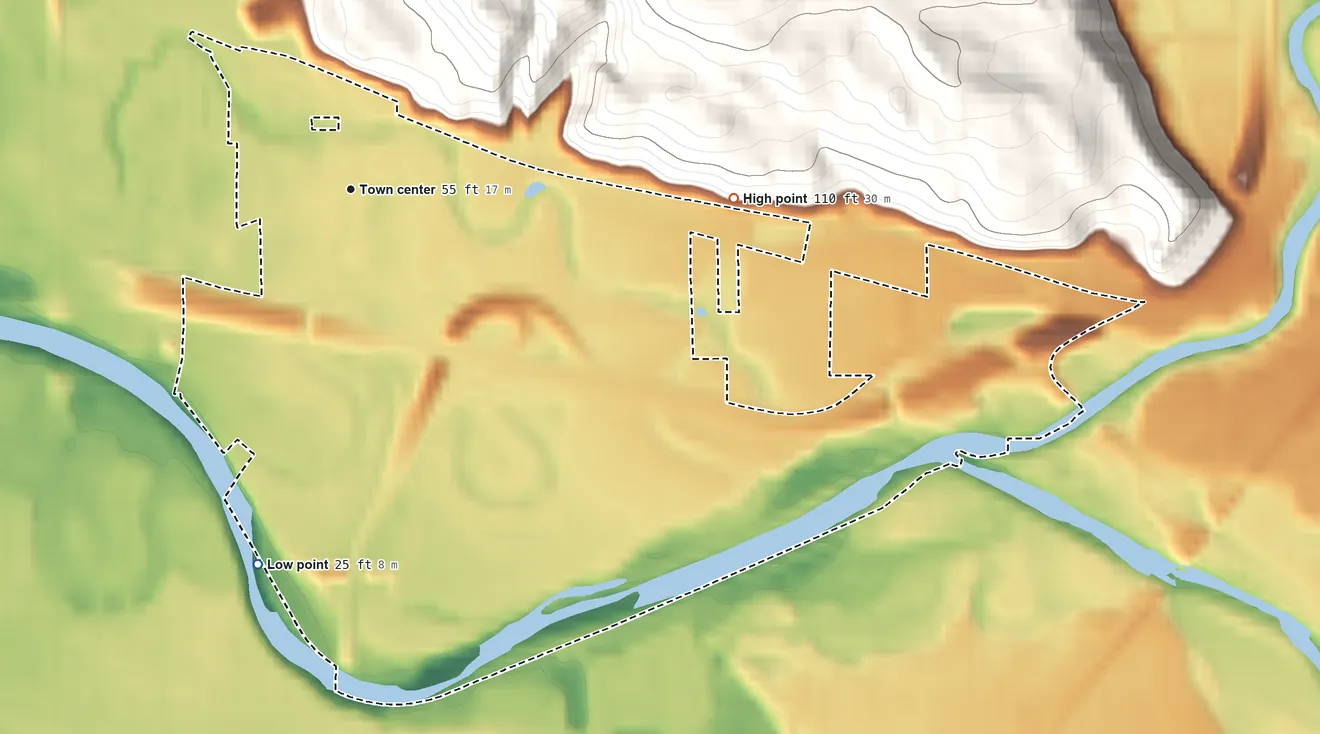 Topographic elevation map of North Puyallup, Washington, shaded from 25 ft on the south side to 110 ft on the east edge, below higher ground just outside