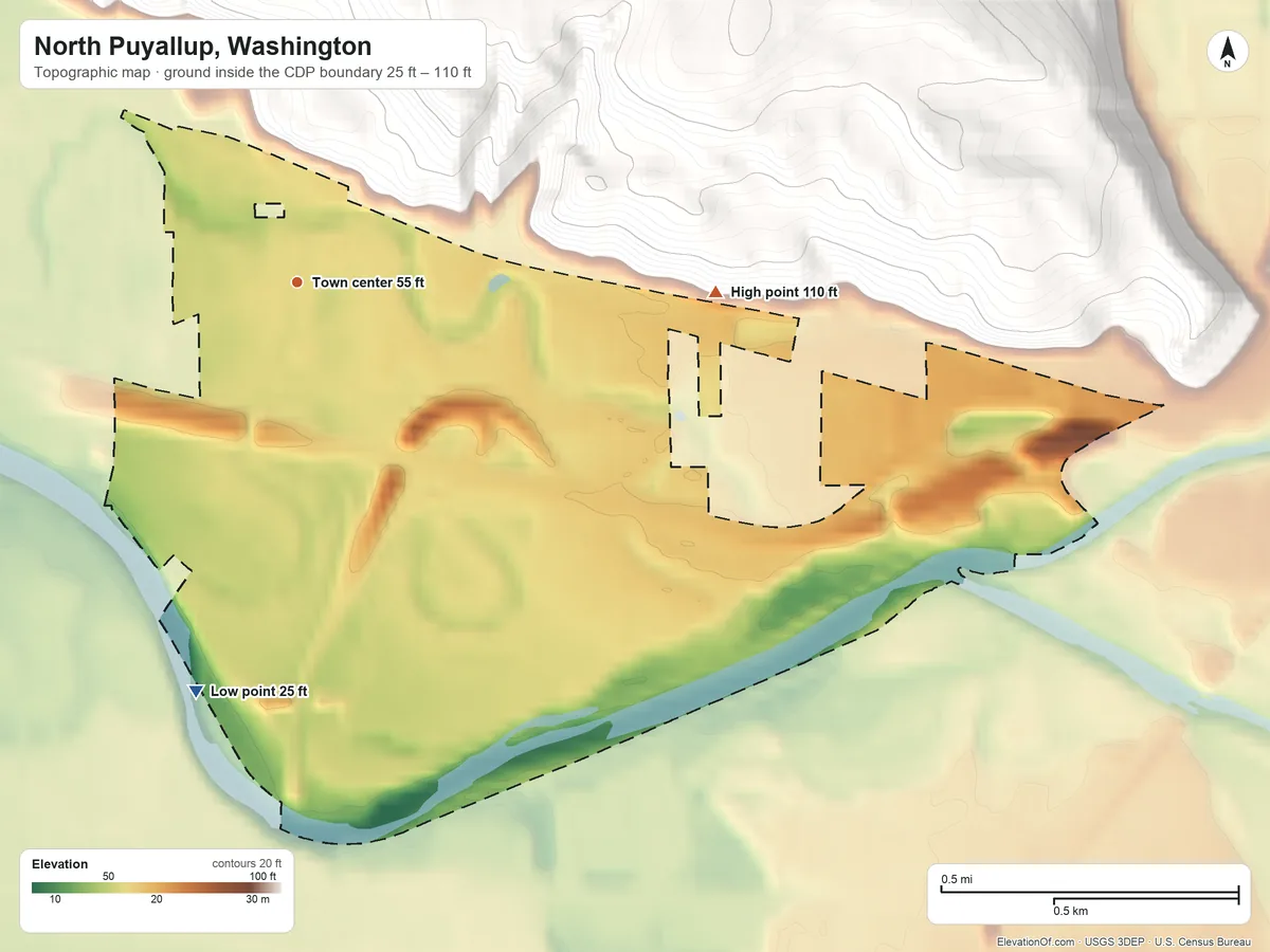 Topographic elevation map of North Puyallup, Washington, shaded from 25 ft on the south side to 110 ft on the east edge, below higher ground just outside