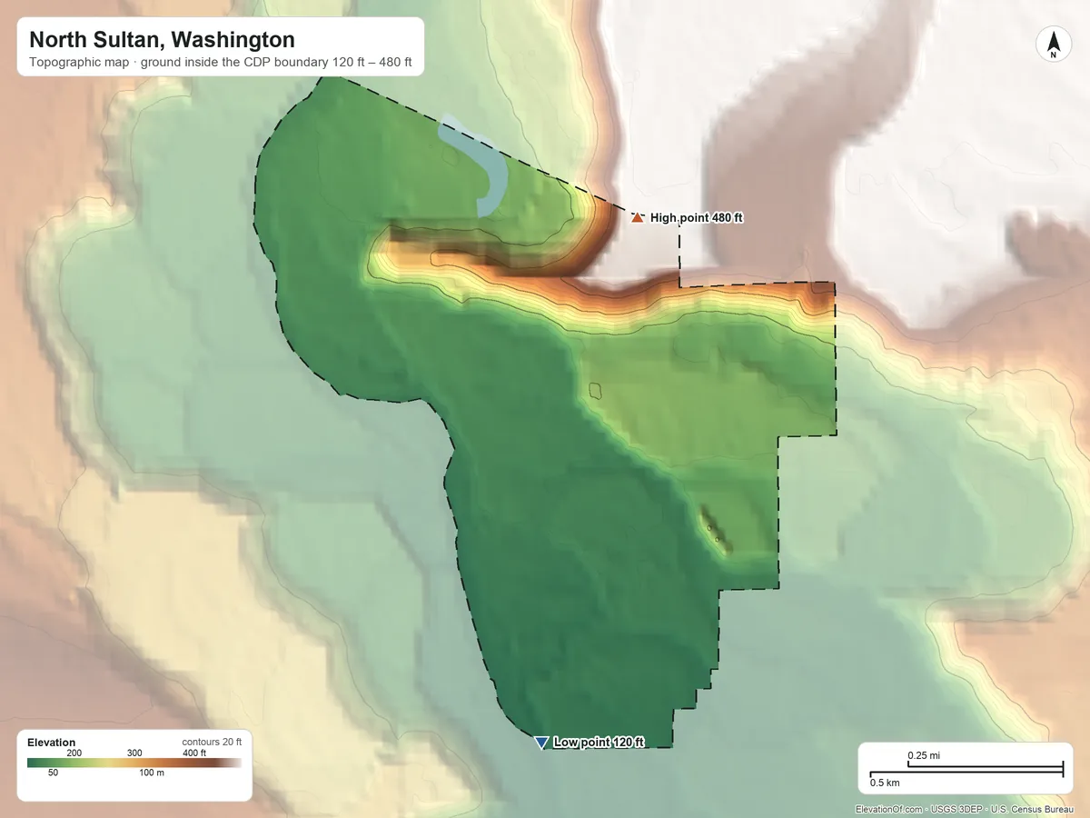 Topographic elevation map of North Sultan, Washington, shaded from 120 ft on the south side to 480 ft on the north edge, below higher ground just outside