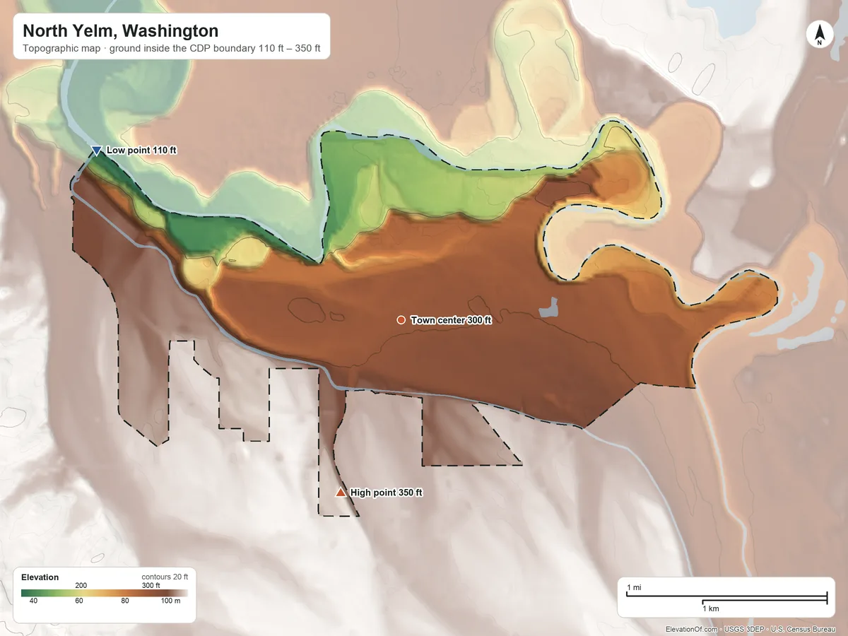 Topographic elevation map of North Yelm, Washington, shaded from 110 ft on the northwest side to 350 ft on the south side