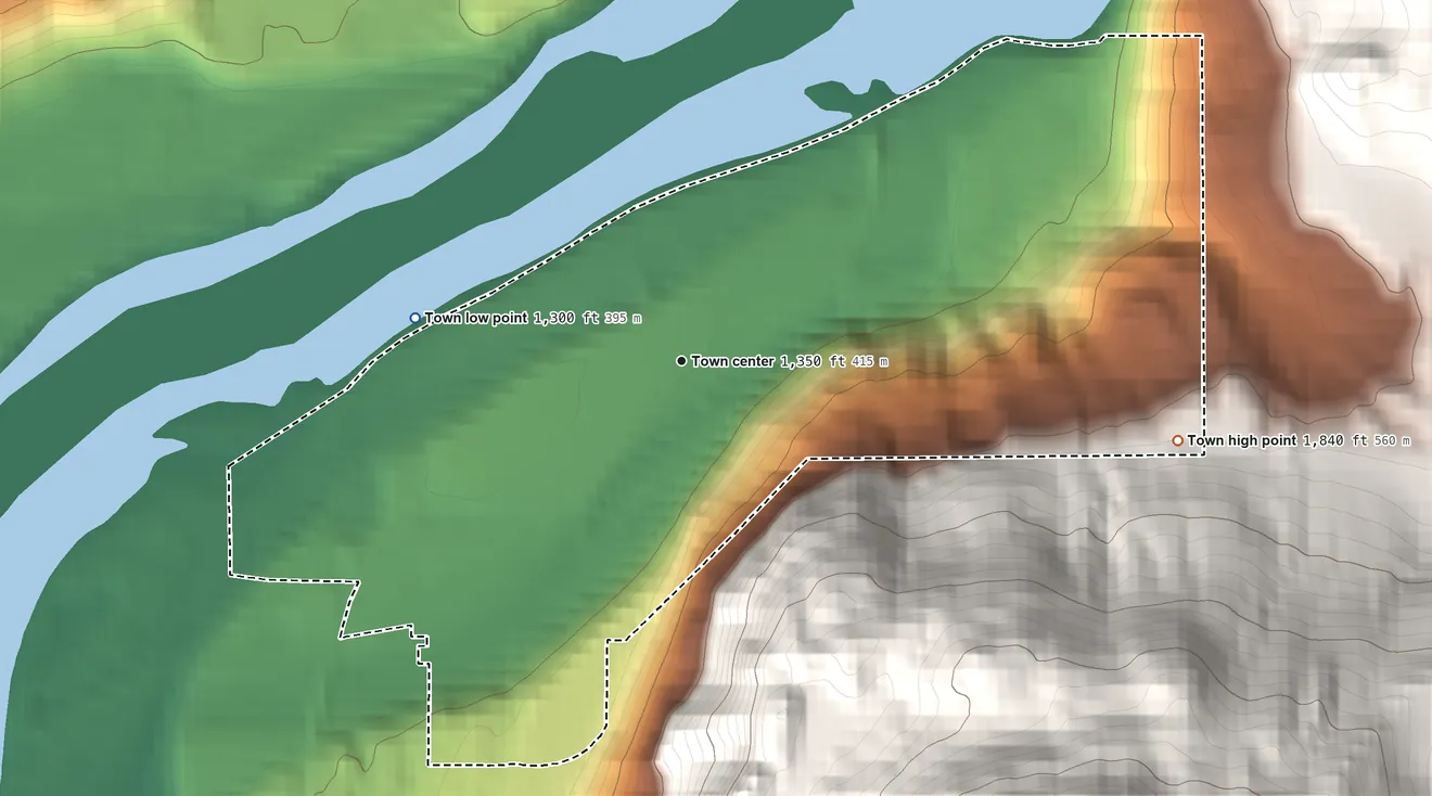 Topographic elevation map of Northport, Washington, shaded from 1,300 ft on the west side to 1,840 ft on the east edge, below higher ground just outside