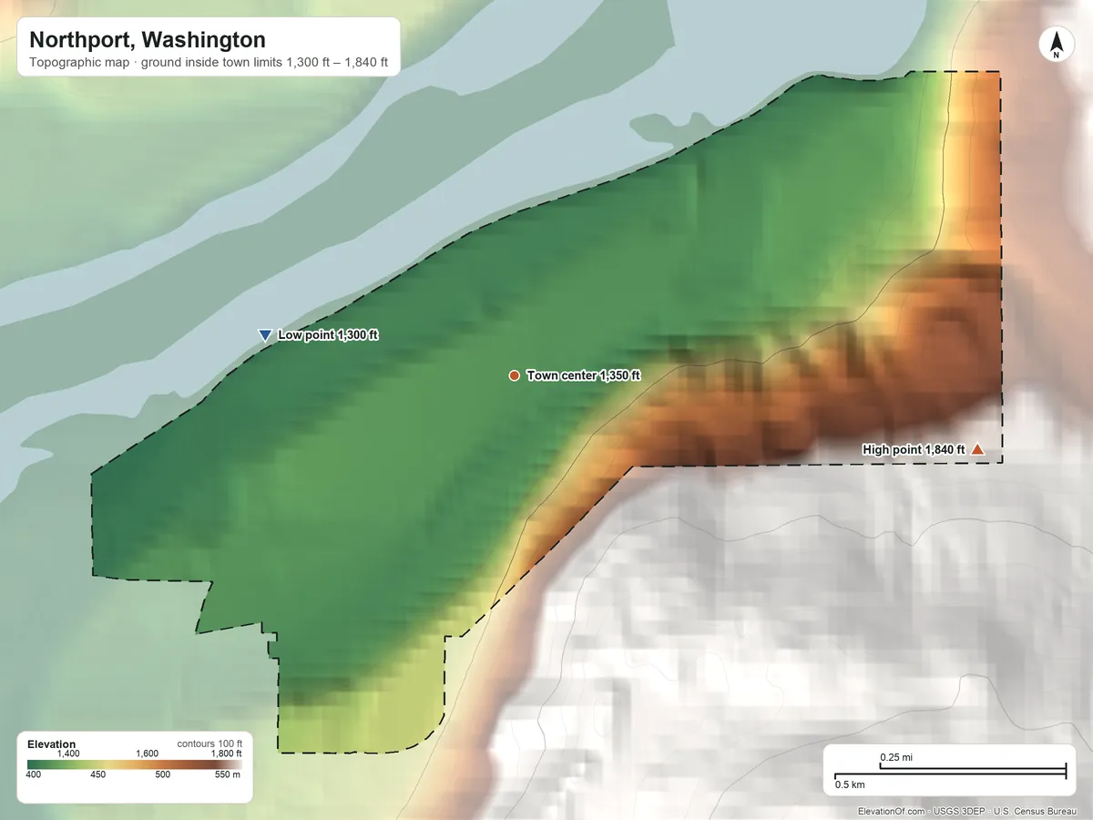 Topographic elevation map of Northport, Washington, shaded from 1,300 ft on the west side to 1,840 ft on the east edge, below higher ground just outside