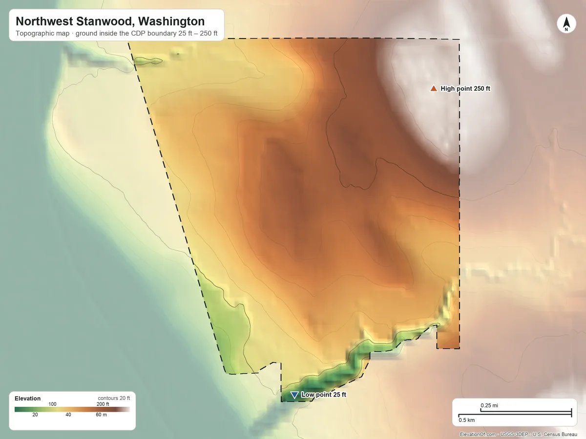 Topographic elevation map of Northwest Stanwood, Washington, shaded from 25 ft on the southeast side to 250 ft on the northeast side