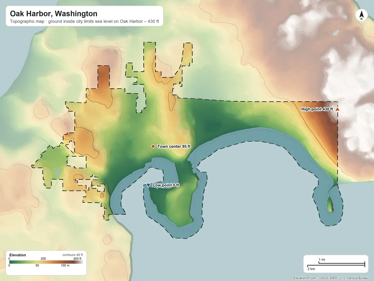 Topographic elevation map of Oak Harbor, Washington, shaded from sea level level on Oak Harbor to 430 ft on the east side