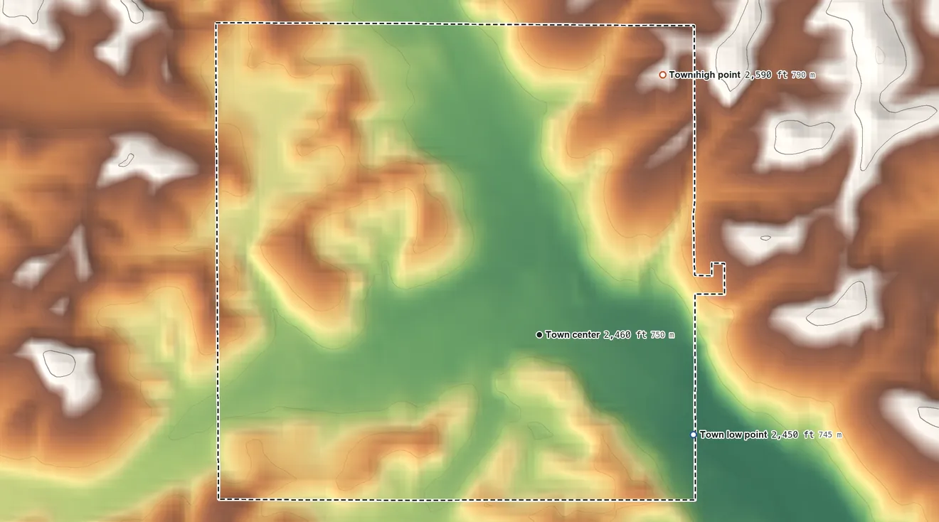 Topographic elevation map of Oakesdale, Washington, shaded from 2,450 ft on the southeast side to 2,590 ft on the northeast side