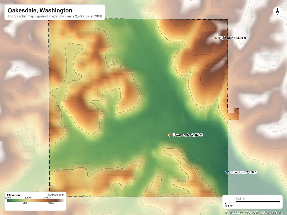Topographic elevation map of Oakesdale, Washington, shaded from 2,450 ft on the southeast side to 2,590 ft on the northeast side