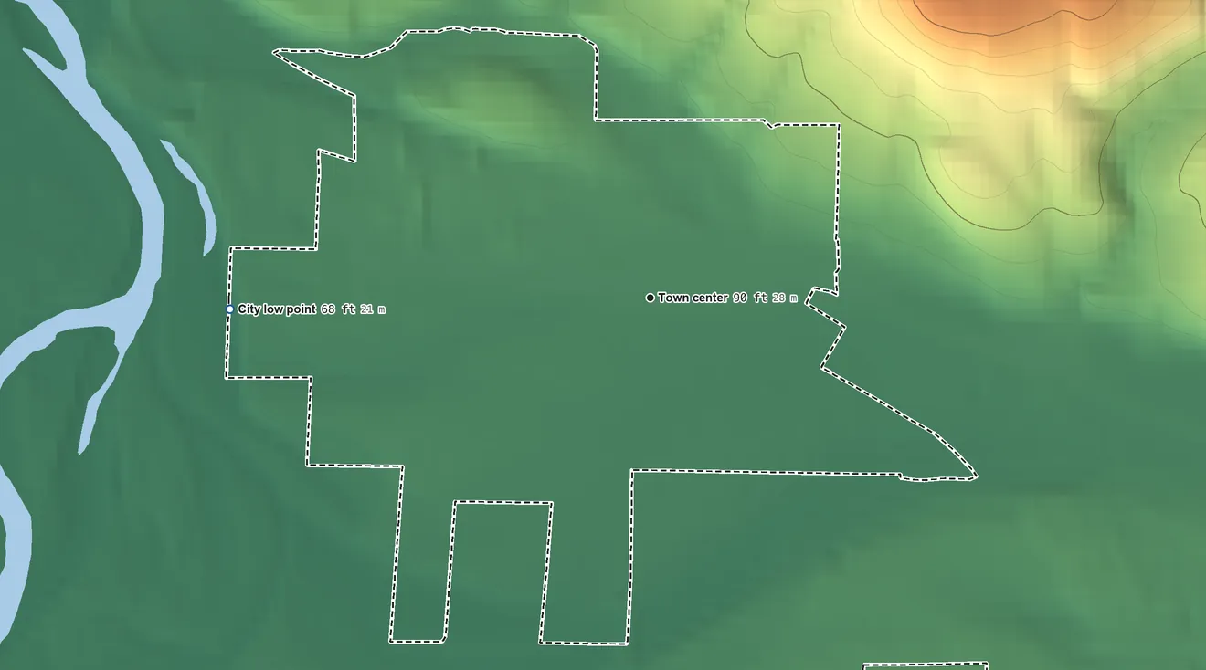 Topographic elevation map of Oakville, Washington, shaded from 68 ft on the west side to 640 ft at the foot of the Black Hills