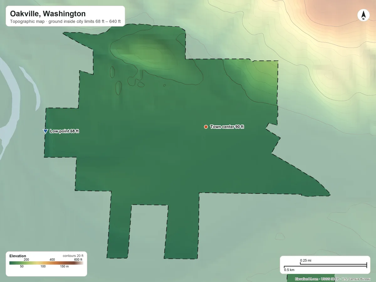 Topographic elevation map of Oakville, Washington, shaded from 68 ft on the west side to 640 ft at the foot of the Black Hills