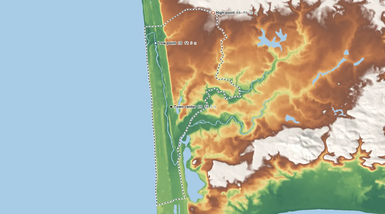 Topographic elevation map of Ocean City, Washington, shaded from 10 ft on the north side to 66 ft on the northeast side